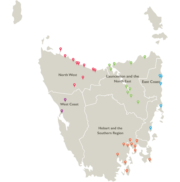 Map of Caravanning Tasmania holiday parks around Tasmania